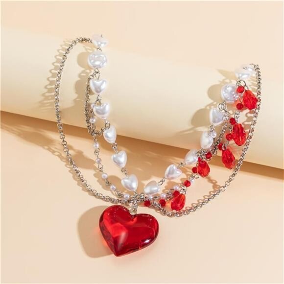 Layered Chunky Puffy Heart Choker Necklace Cute Y2k Necklace Red Crystal Heart - Picture 3 of 7